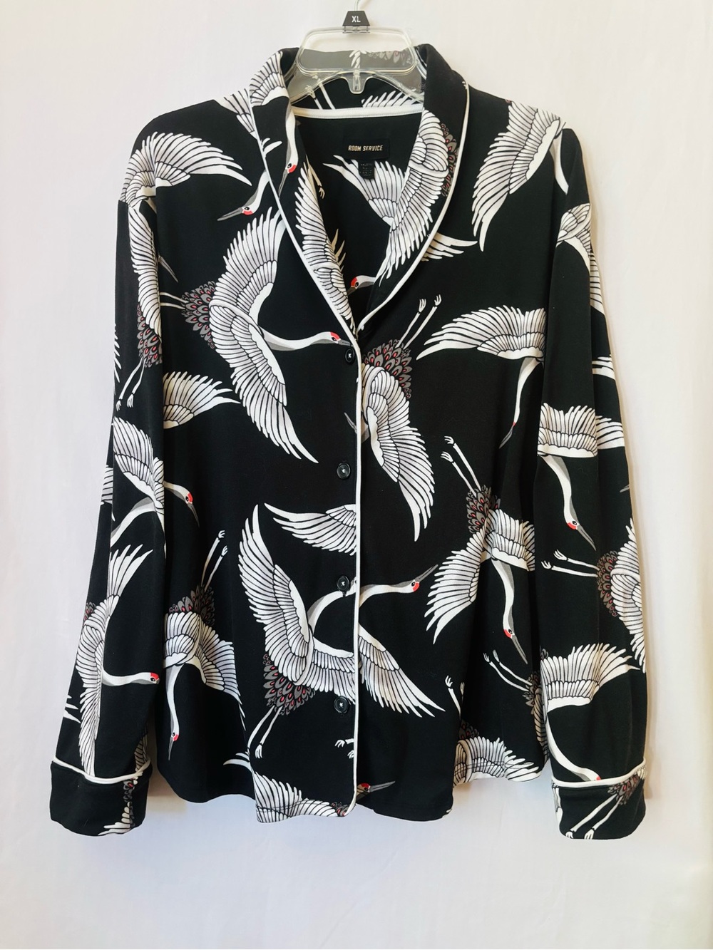 Crane Pajama Shirt Black White Piped Button Front Room Service XXL